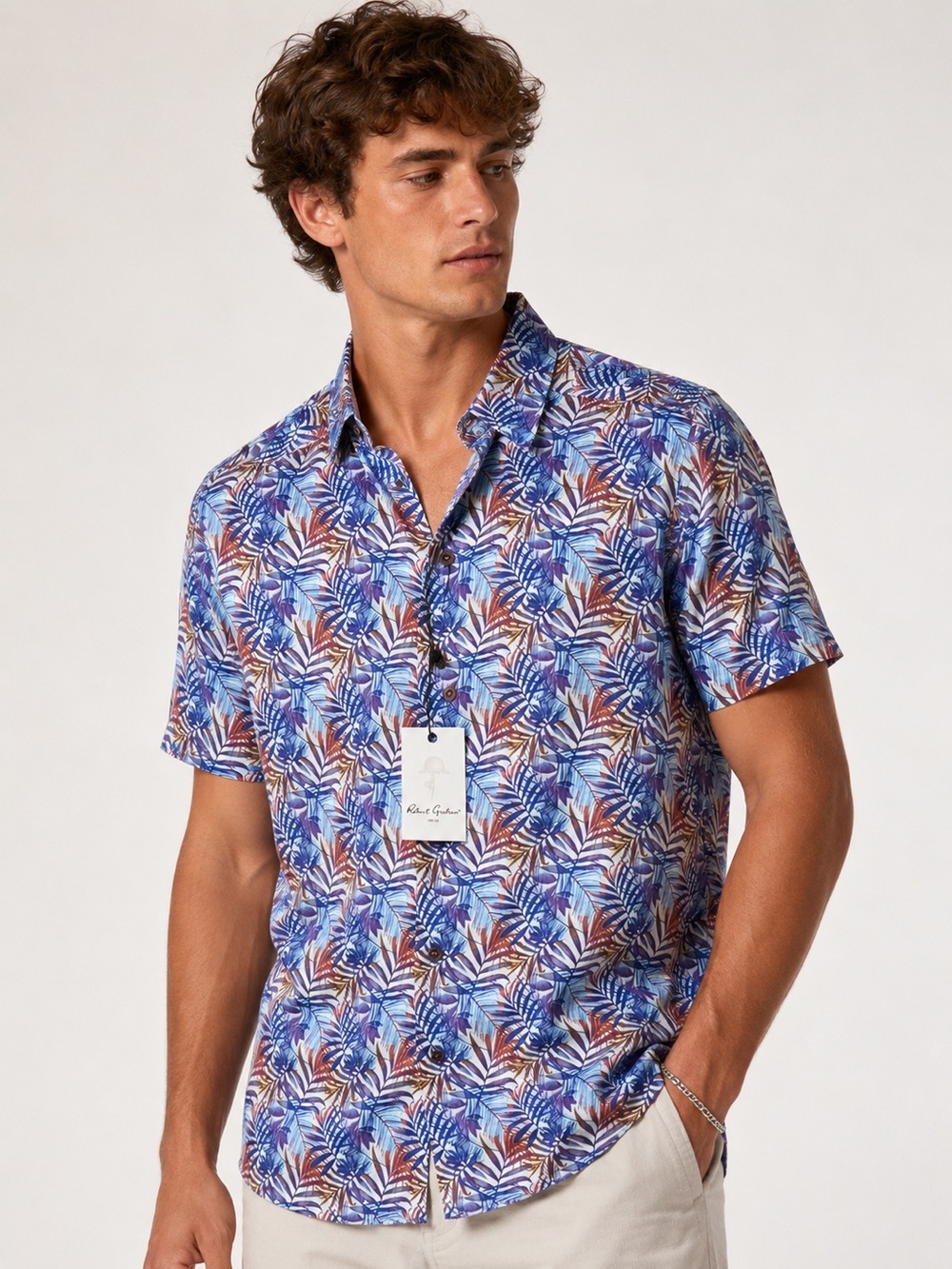 nwt robert graham teigen size small button down short sleeve print shirt linen